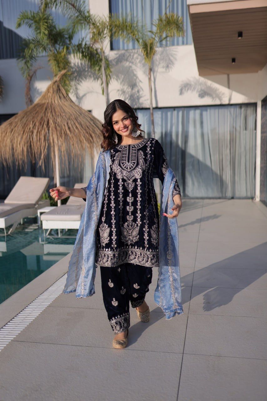 Navy Blue 9000 Velvet Rich Zari Embroidered Top Pant Set with Fendi Dupatta