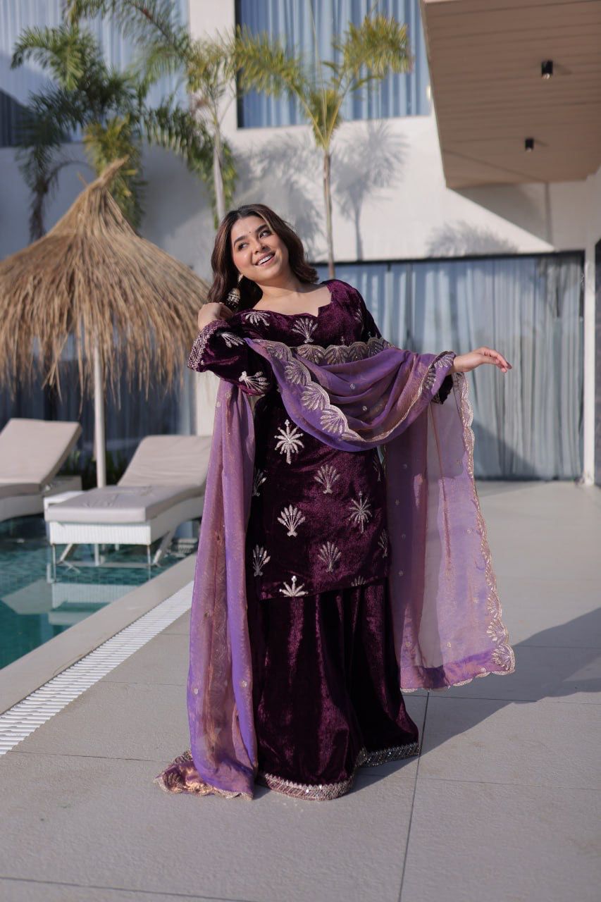 Wine Velvet Top–Palazzo Set with Dupatta