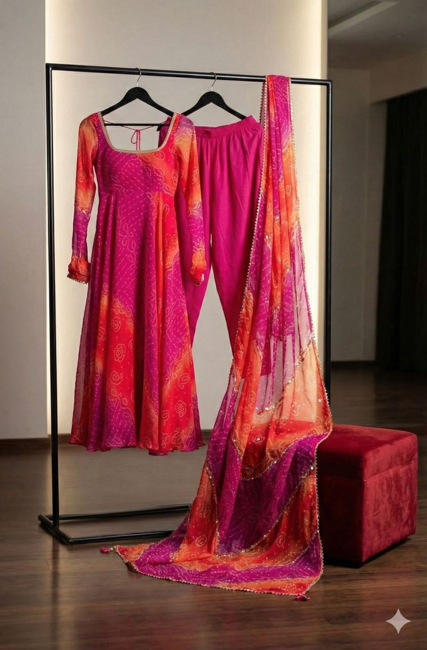 Multi-Color Fox Georgette Anarkali Gown with Palazzo and Dupatta Set - Pink Orange Ombre