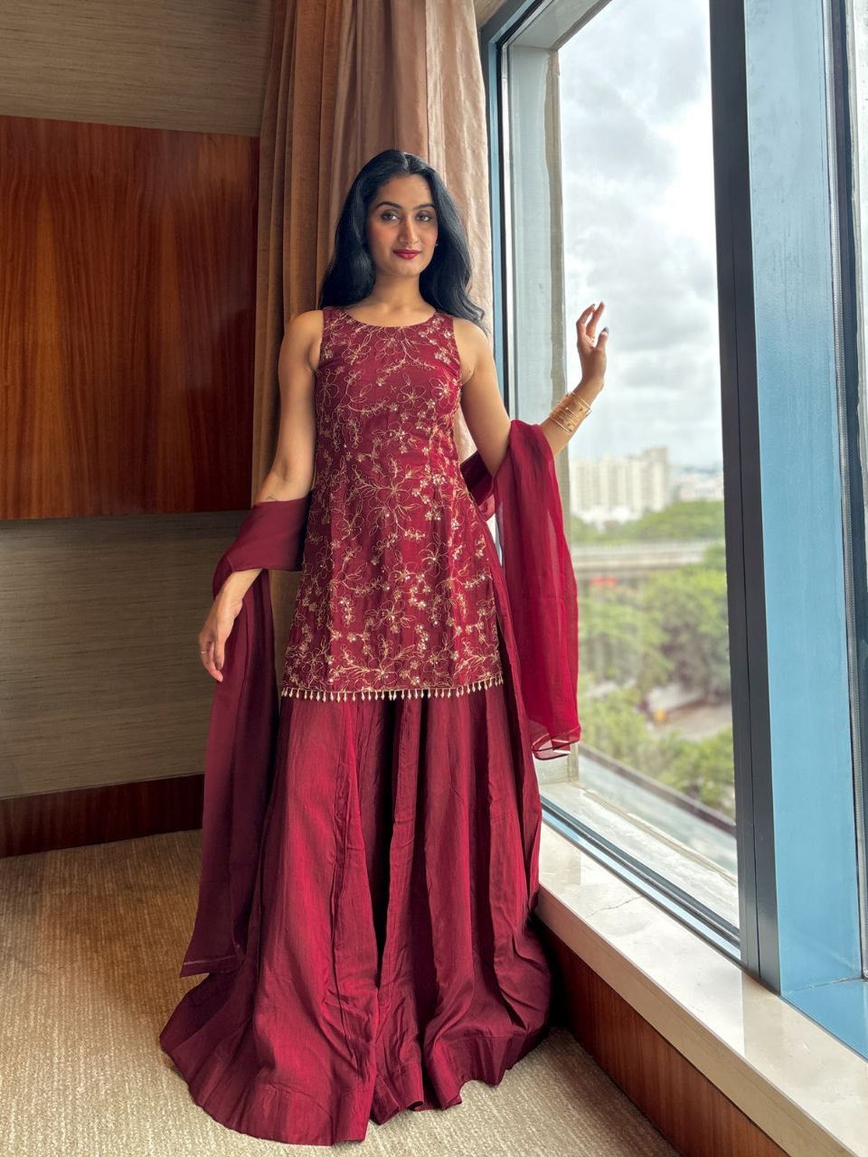 Wine Chinnon Silk Embroidered Kurta Palazzo Set With Dupatta