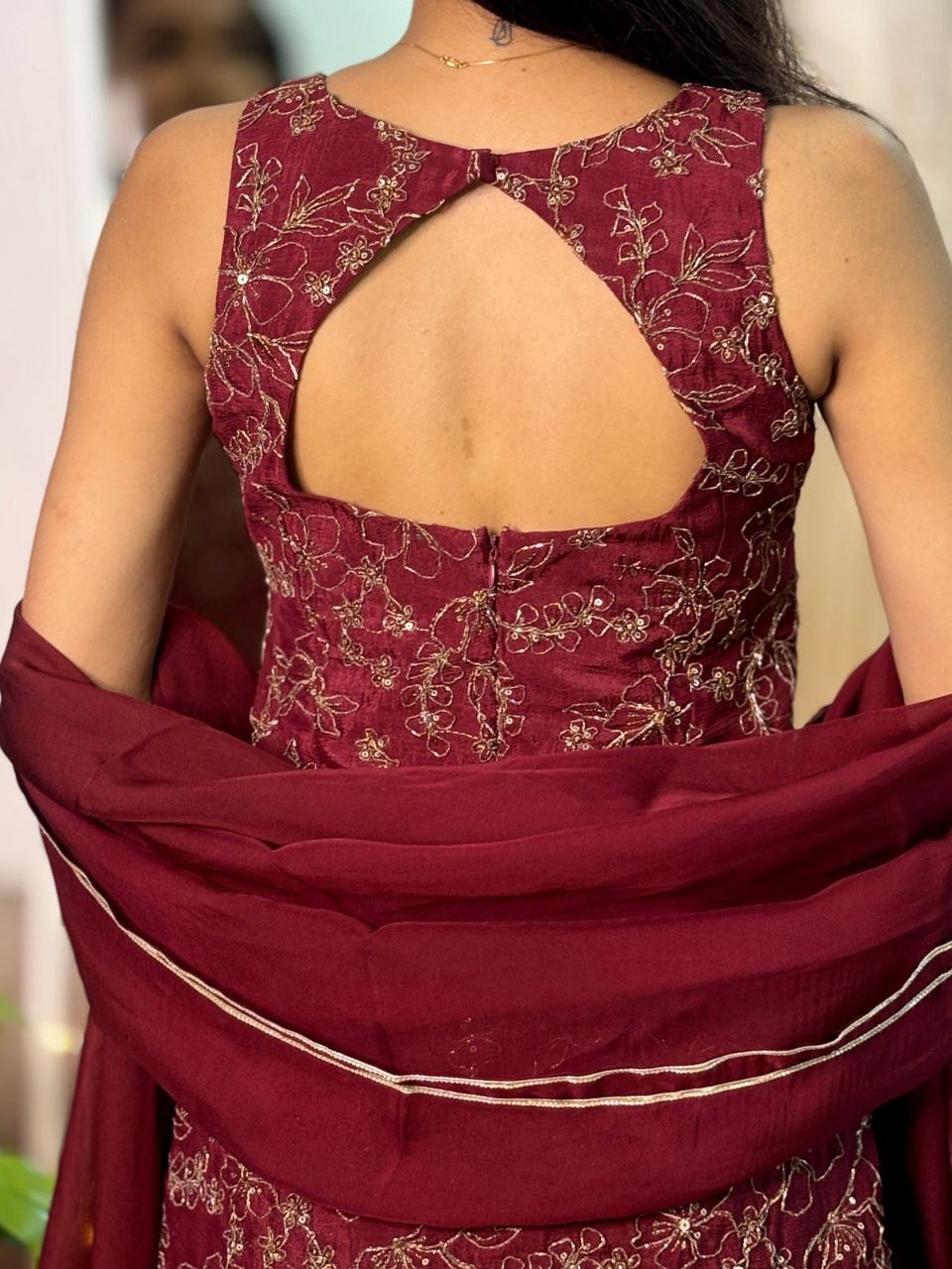 Wine Chinnon Silk Embroidered Kurta Palazzo Set With Dupatta