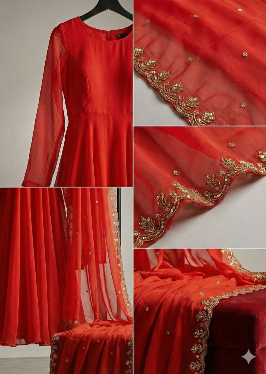 Rust Orange Fox Georgette Anarkali Gown with Dupatta Set