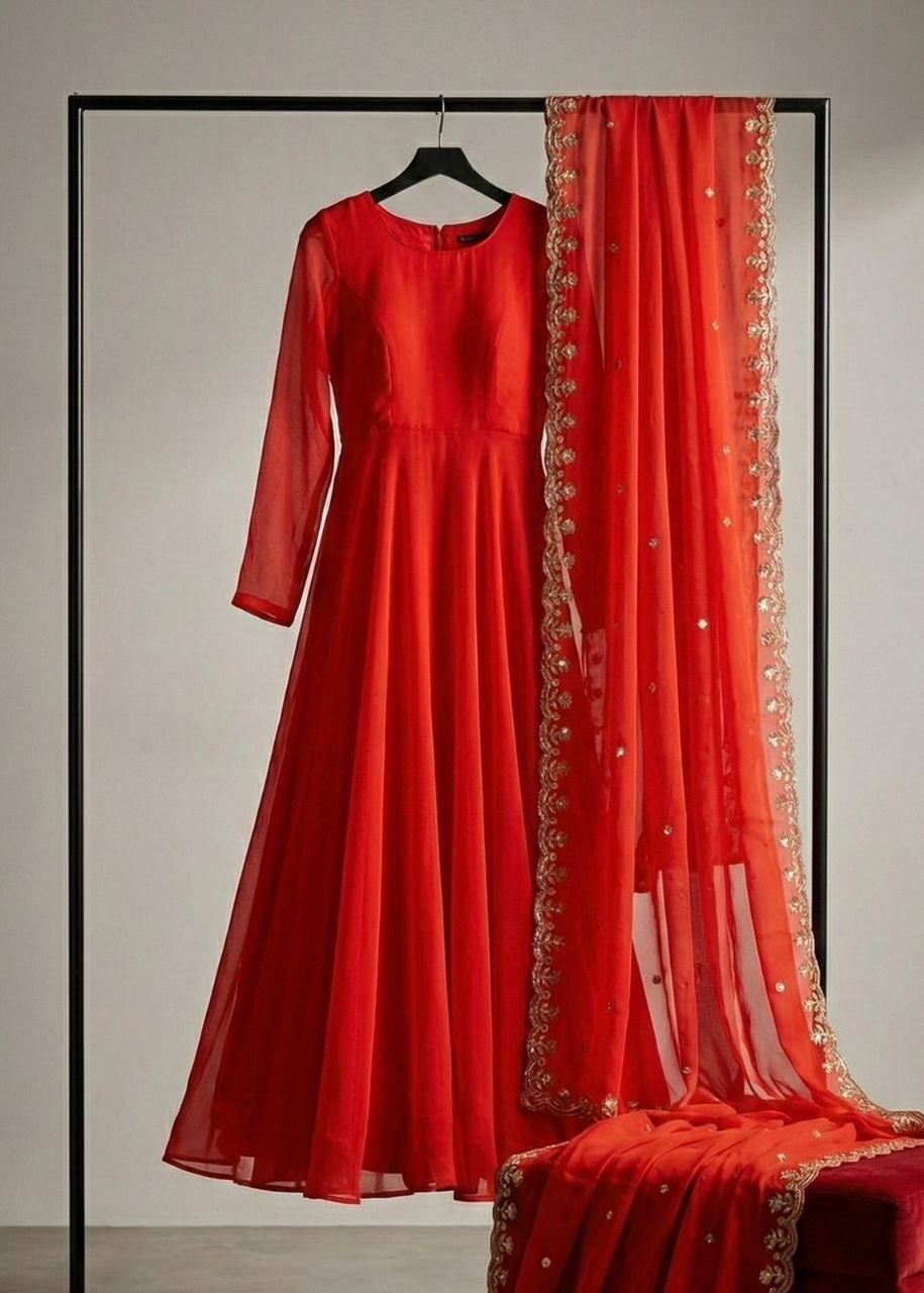 Rust Orange Fox Georgette Anarkali Gown with Dupatta Set
