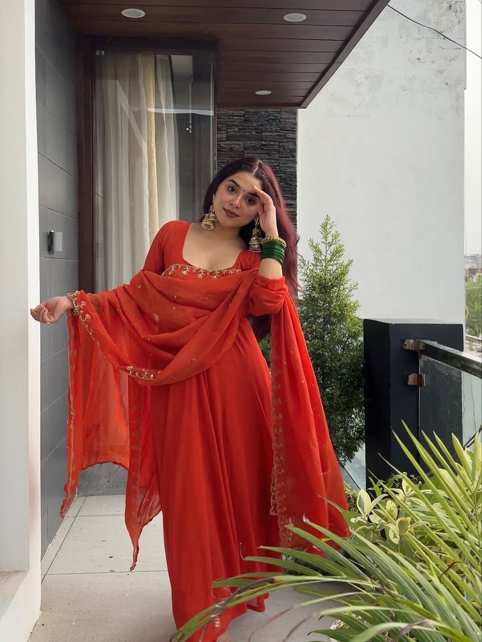 Rust Orange Fox Georgette Anarkali Gown with Dupatta Set