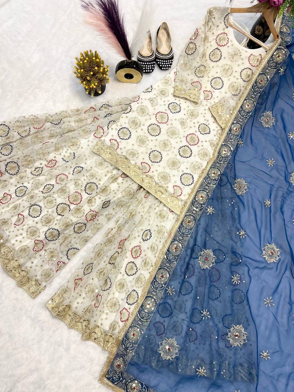 Off-White Heavy Embroidered Top Sharara Plazzo Set with Dupatta