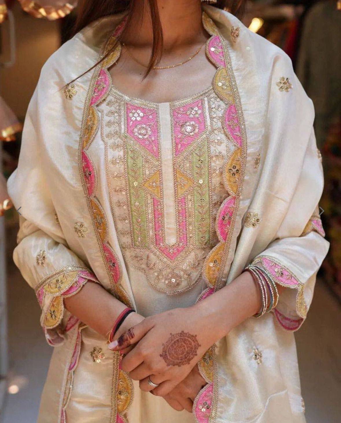 Ivory White Roman Silk Designer Party Wear Top Bottom Set with Embroidered Chanderi Dupatta