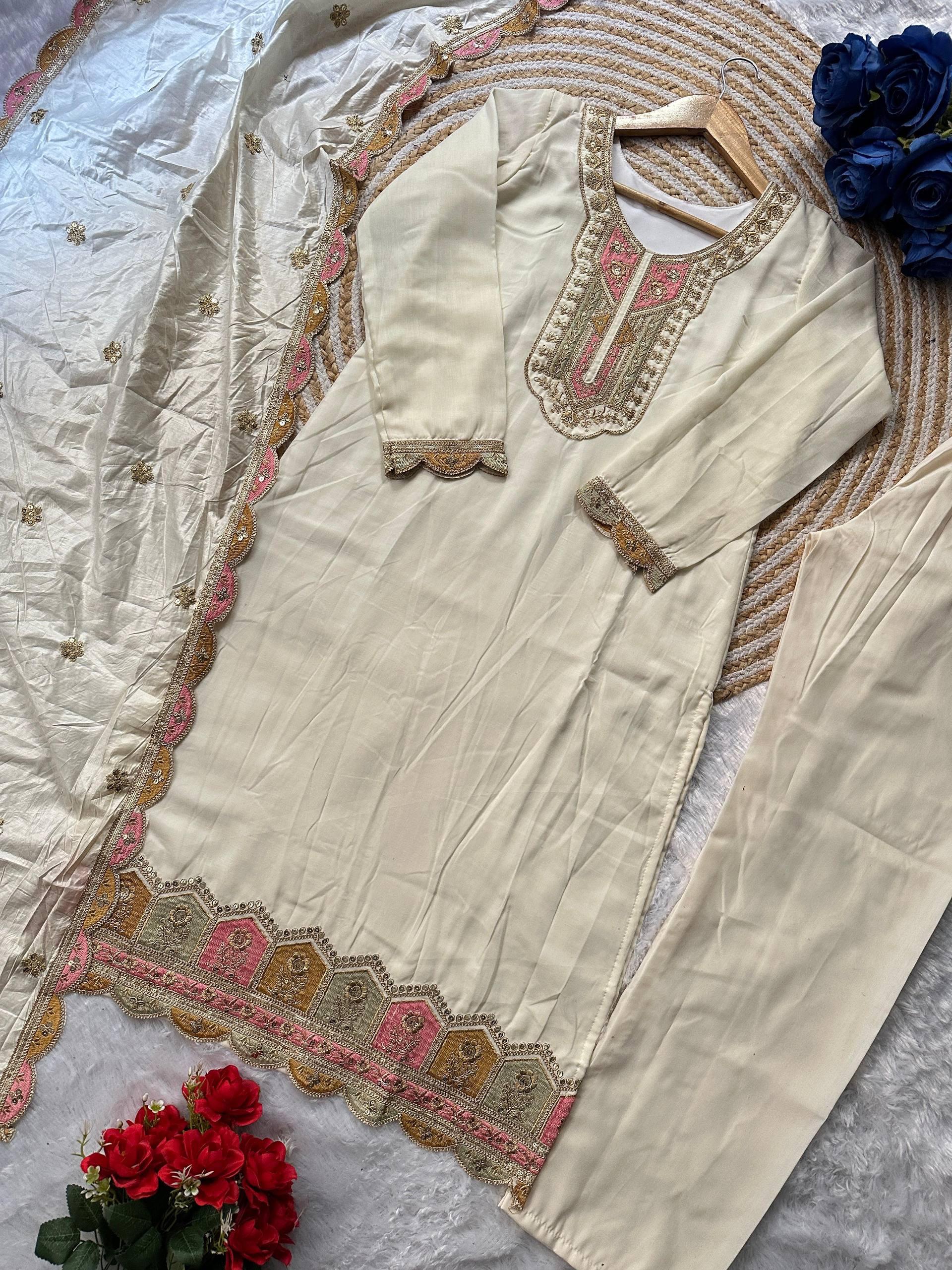 Ivory White Roman Silk Designer Party Wear Top Bottom Set with Embroidered Chanderi Dupatta
