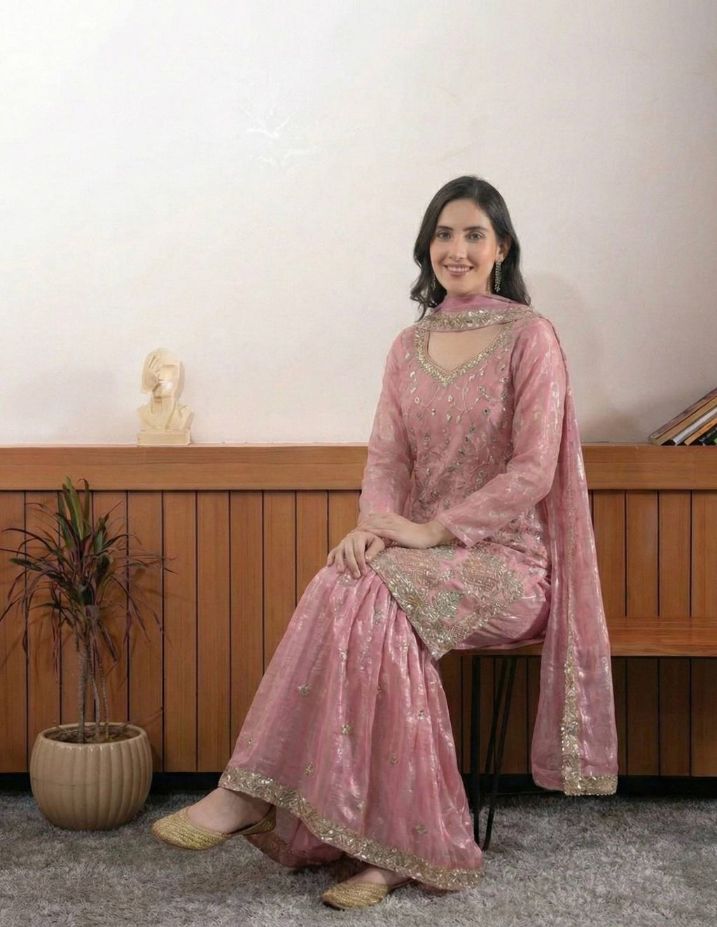 Blush Pink Beads Worked Top with Sarara Set in Fendy Fabric