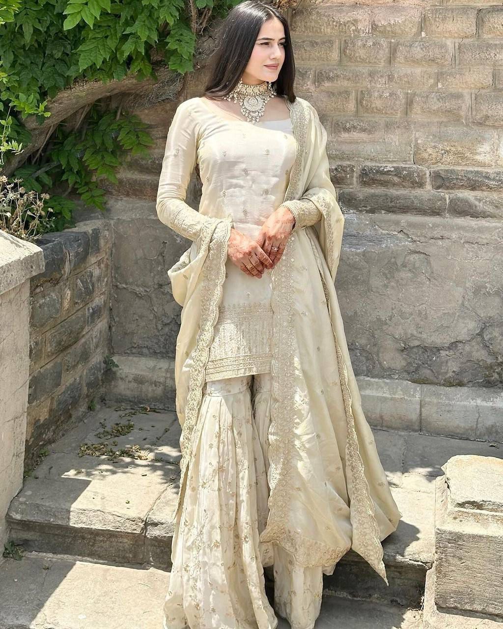 Pure Chinnon Silk Heavy Embroidered Gharara Suit with Dupatta | Fully Stitched Party Wear Set