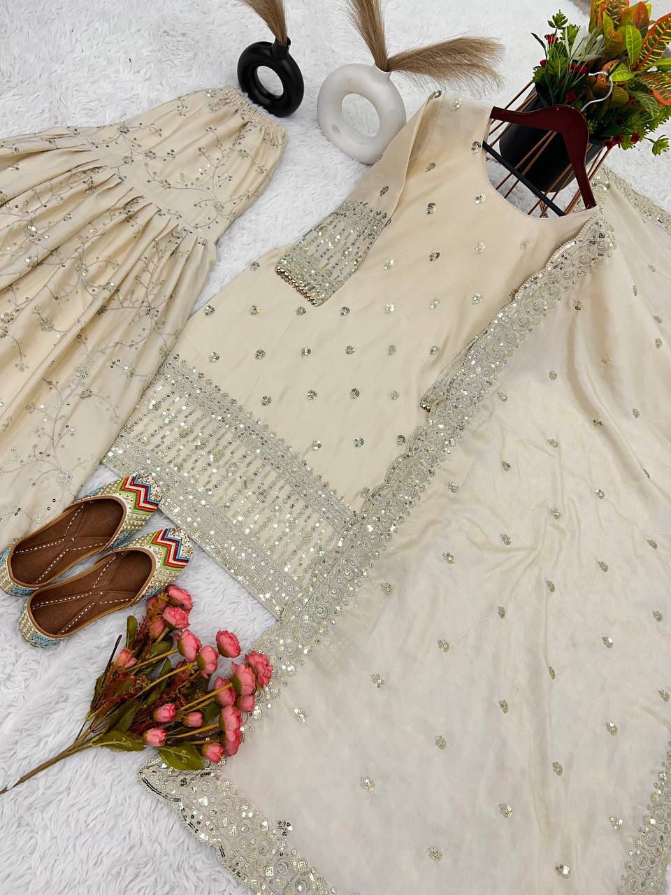 Pure Chinnon Silk Heavy Embroidered Gharara Suit with Dupatta | Fully Stitched Party Wear Set