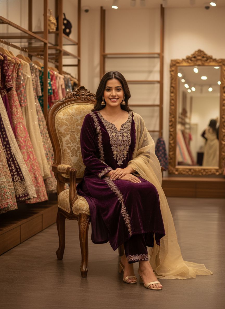 Wine Purple 9000 Velvet Embroidered Kurti Pant Set with Soft Tissue Dupatta