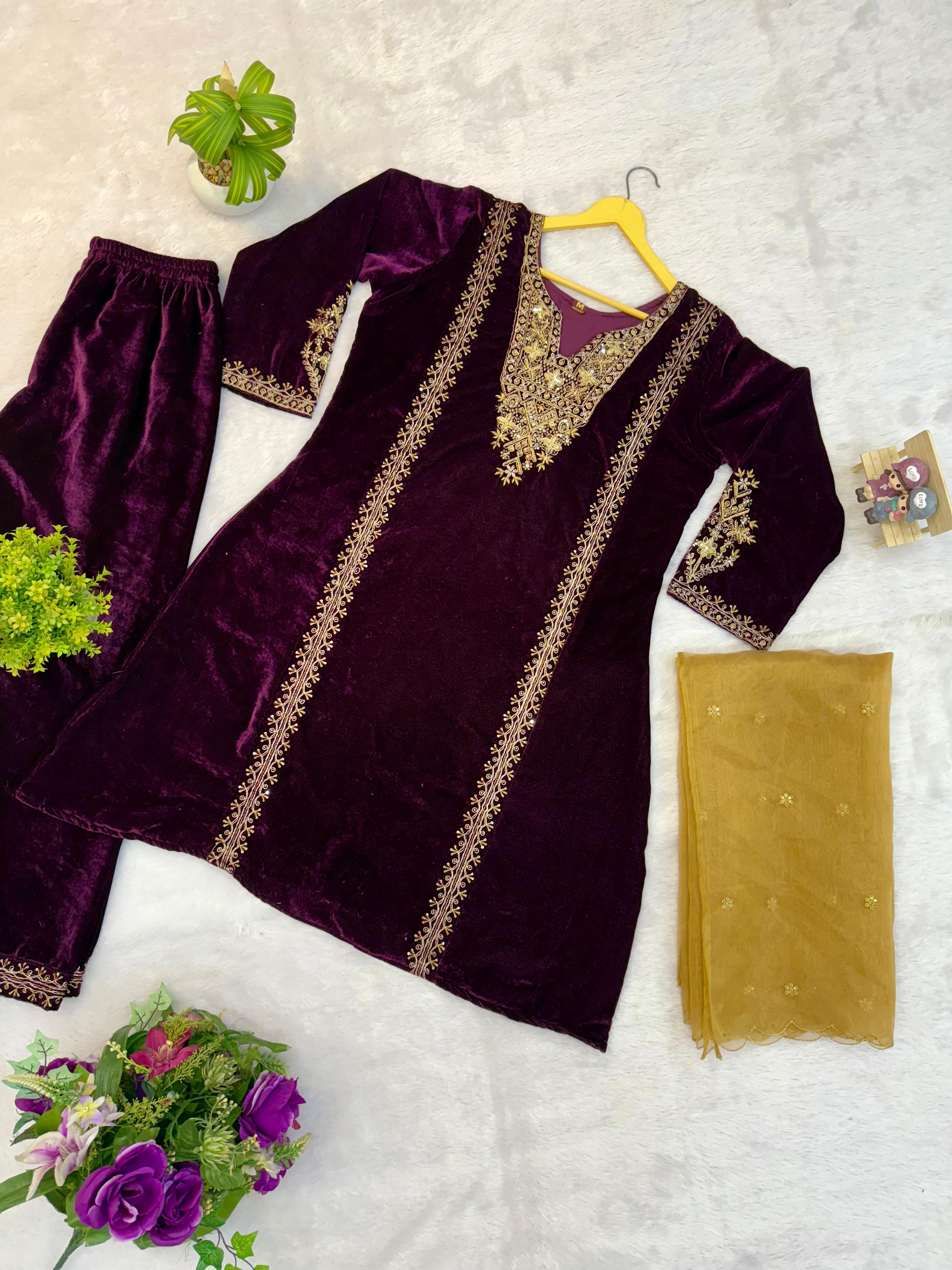 Wine Purple 9000 Velvet Embroidered Kurti Pant Set with Soft Tissue Dupatta