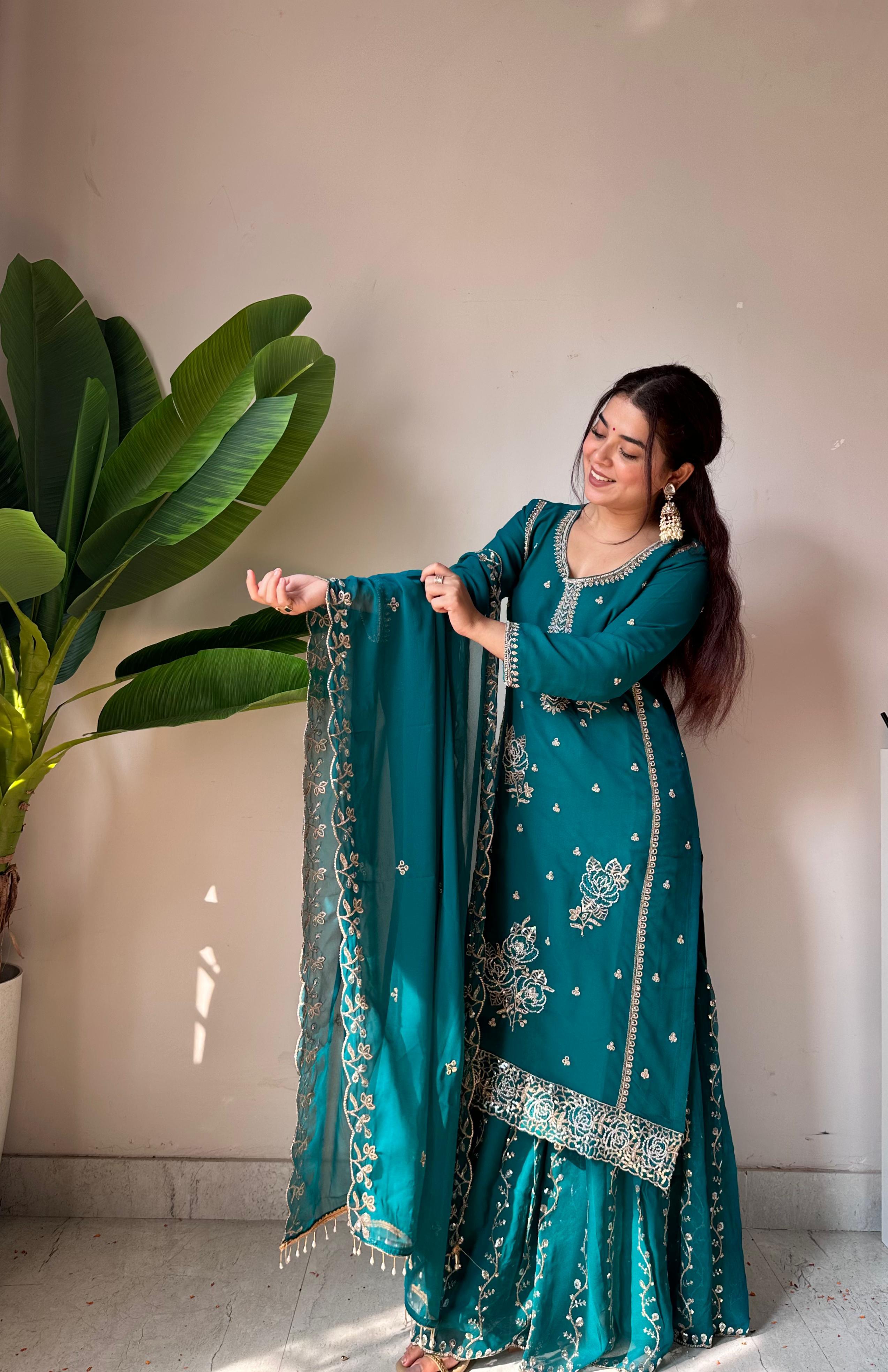 Teal Green Faux Georgette Embroidered Kurti Gharara Set with Dupatta