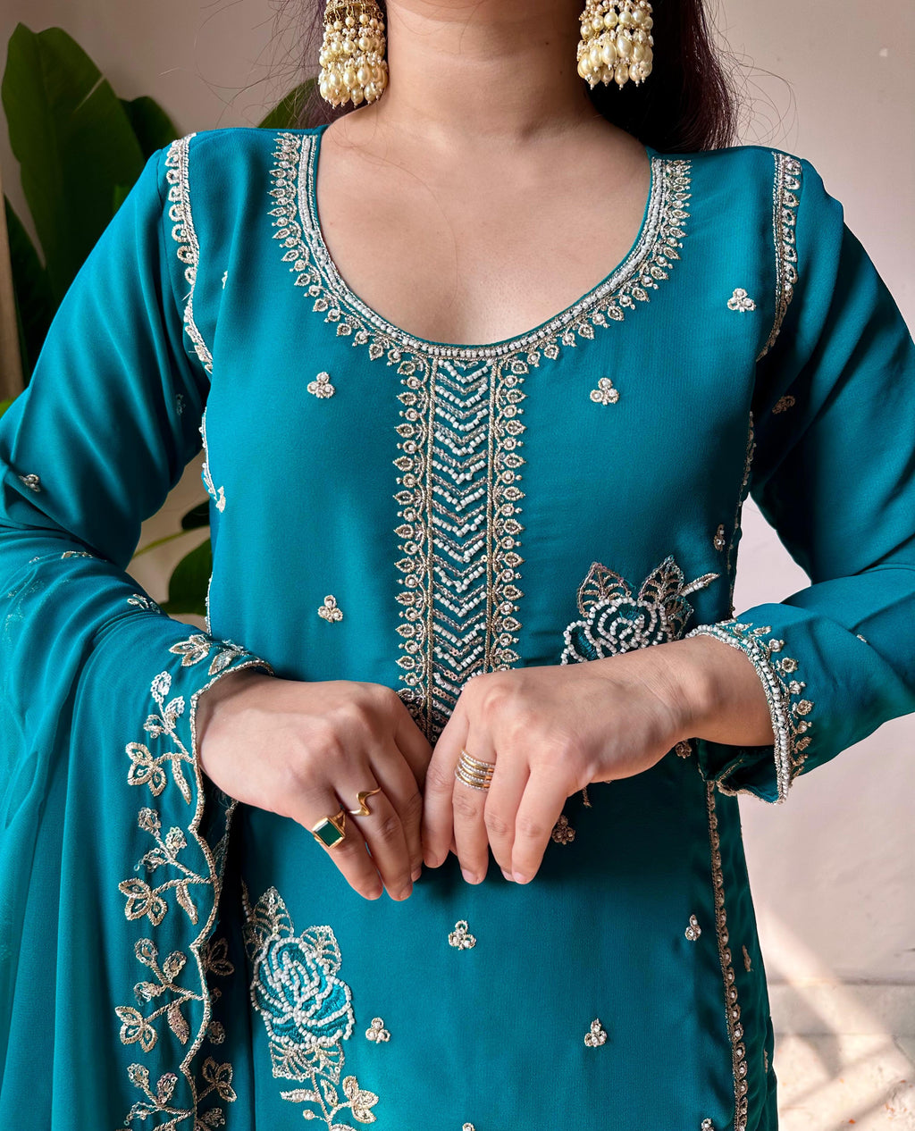 Teal Green Faux Georgette Embroidered Kurti Gharara Set with Dupatta