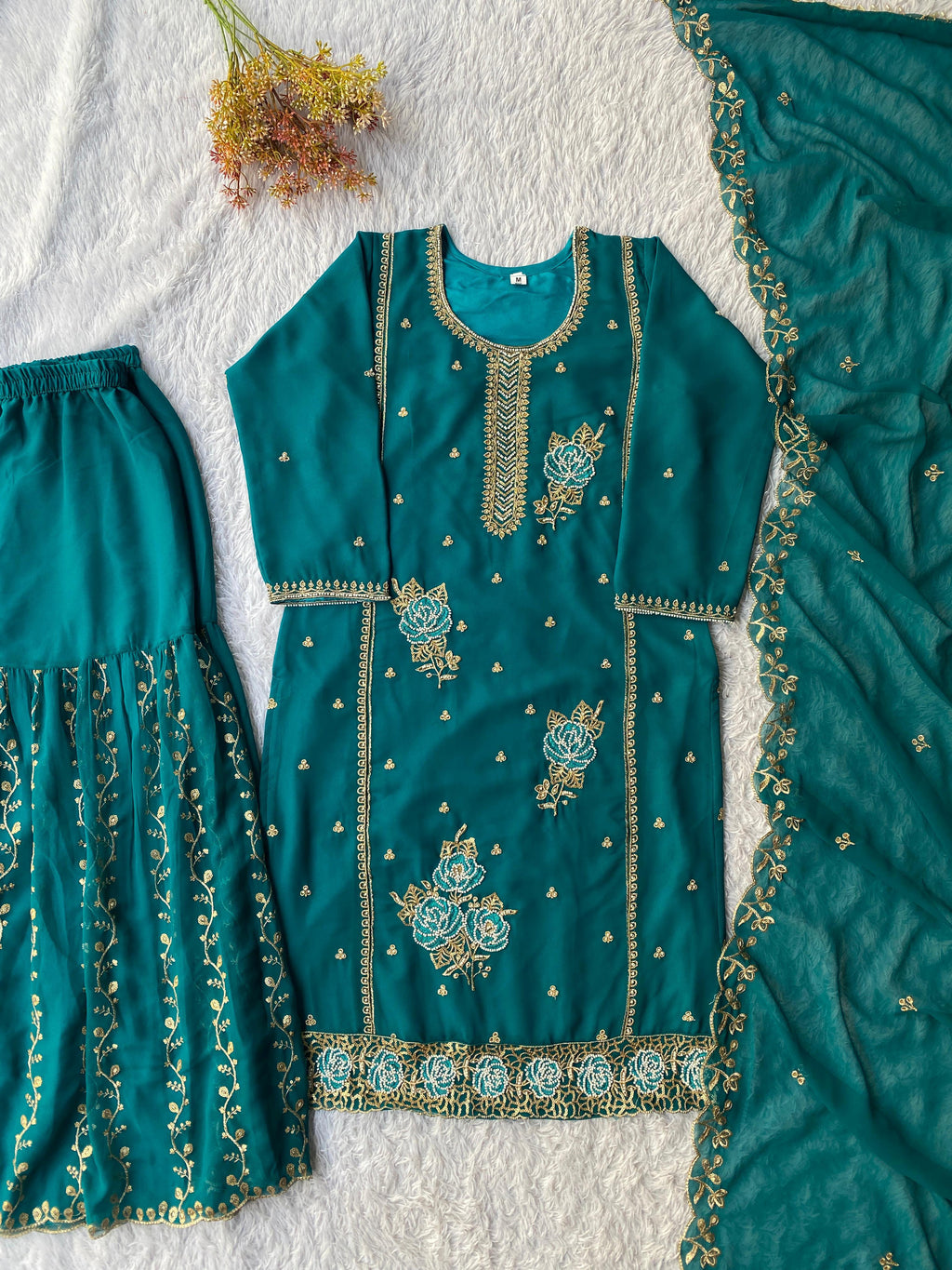Teal Green Faux Georgette Embroidered Kurti Gharara Set with Dupatta
