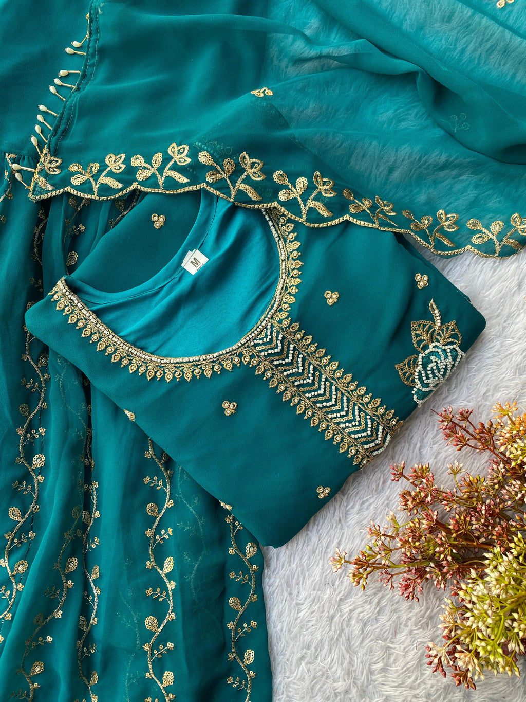 Teal Green Faux Georgette Embroidered Kurti Gharara Set with Dupatta