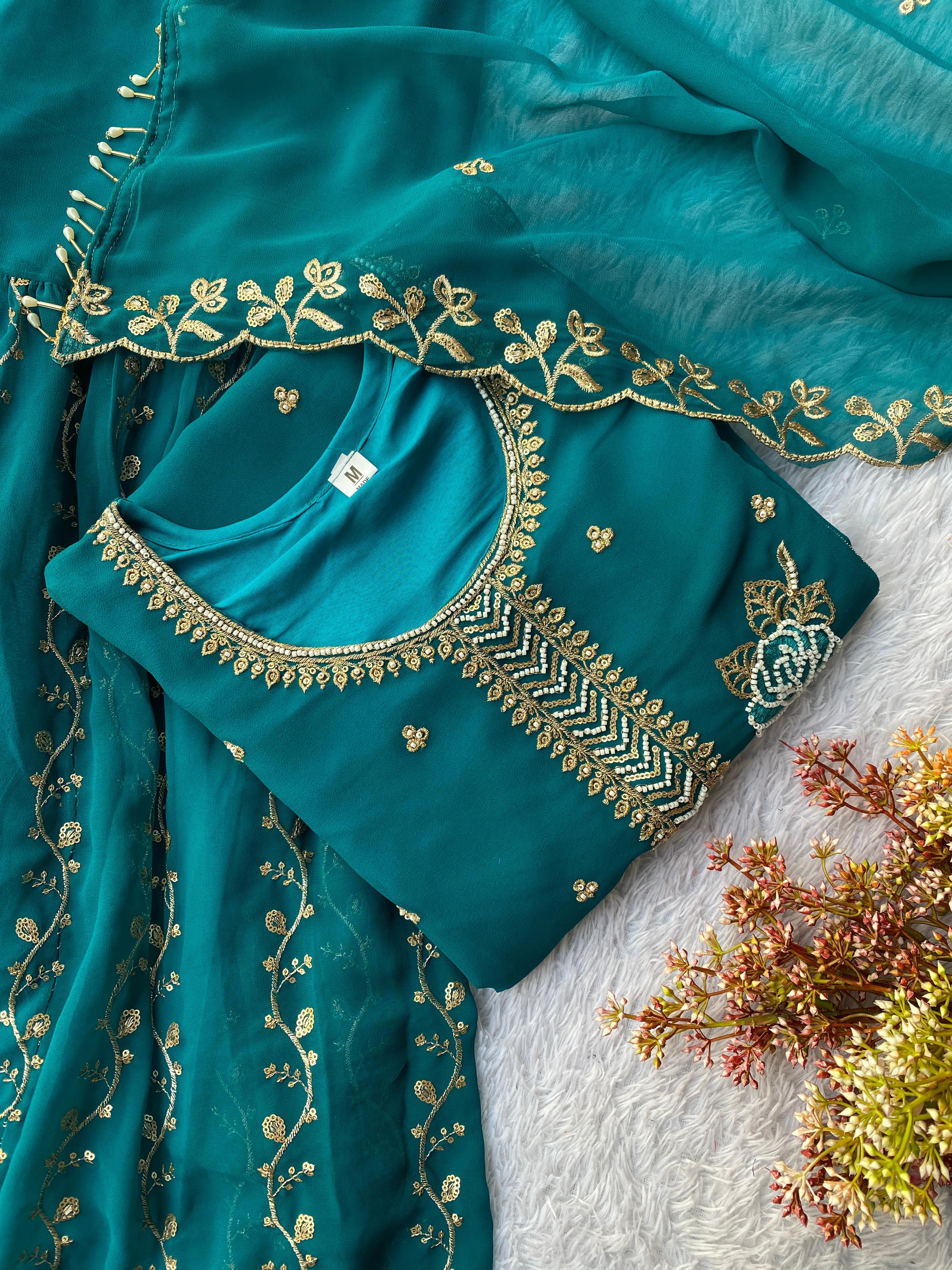 Teal Green Faux Georgette Embroidered Kurti Gharara Set with Dupatta