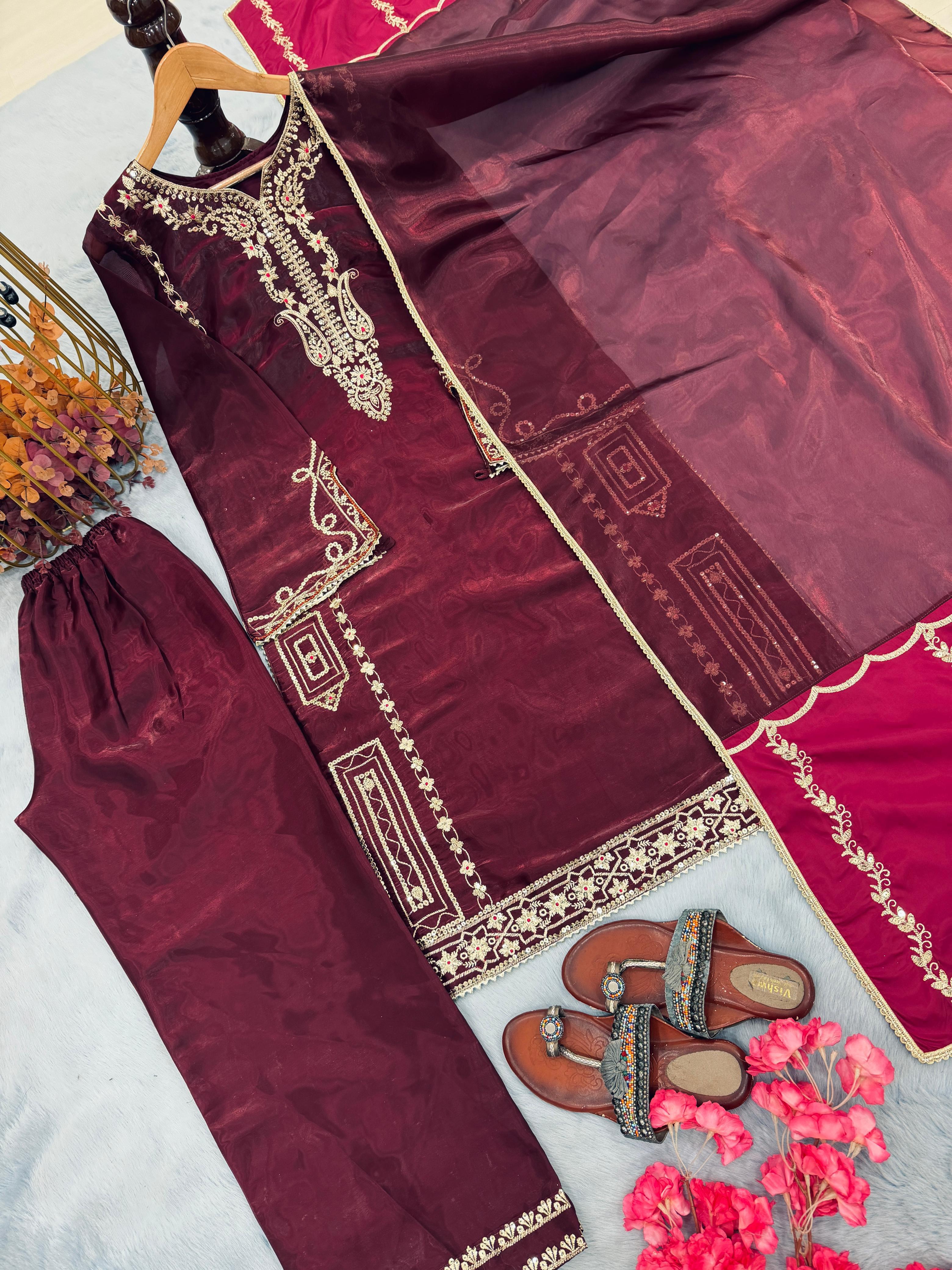 Designer Party Wear Pure Jimmy Choo Silk Embroidered Top Plazzo Set with Dupatta