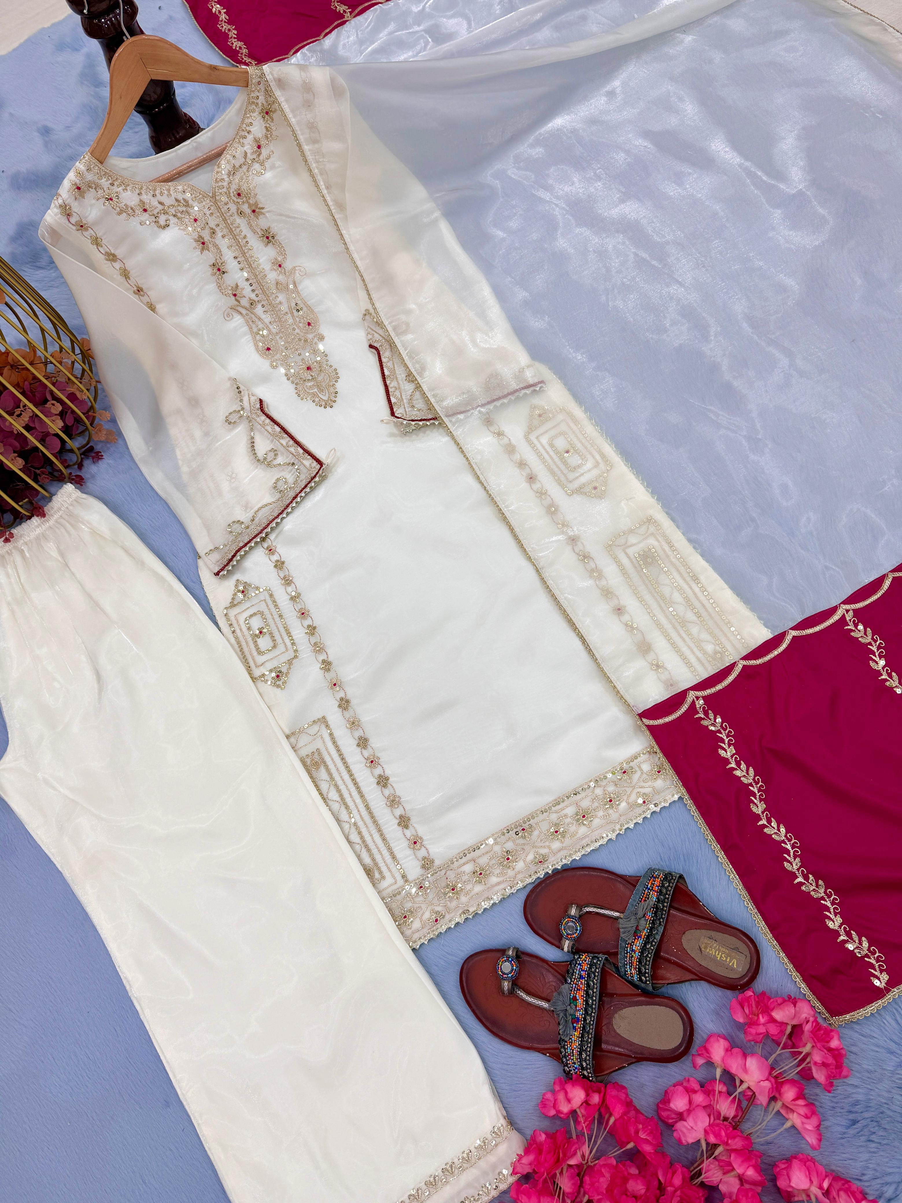 Designer Party Wear Pure Jimmy Choo Silk Embroidered Top Plazzo Set with Dupatta