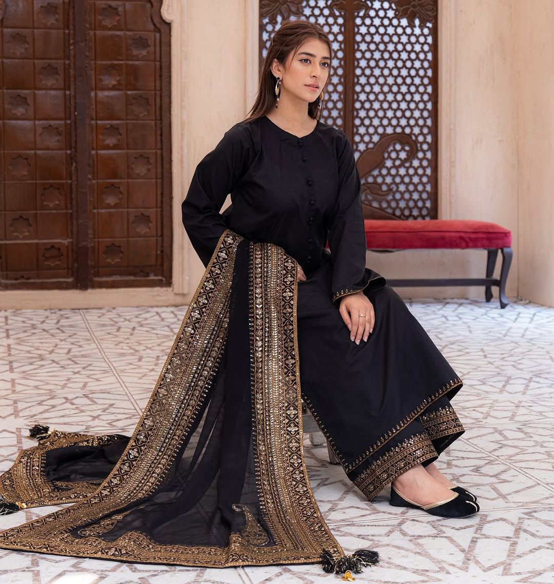 Designer Black Party Wear Natural Crepe Silk Embroidered Top Pant Set with Fancy Dupatta