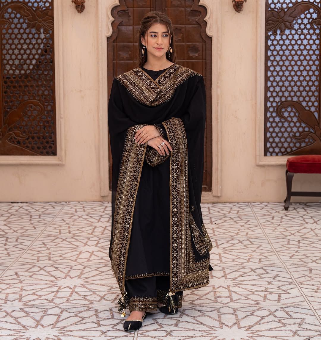 Designer Black Party Wear Natural Crepe Silk Embroidered Top Pant Set with Fancy Dupatta