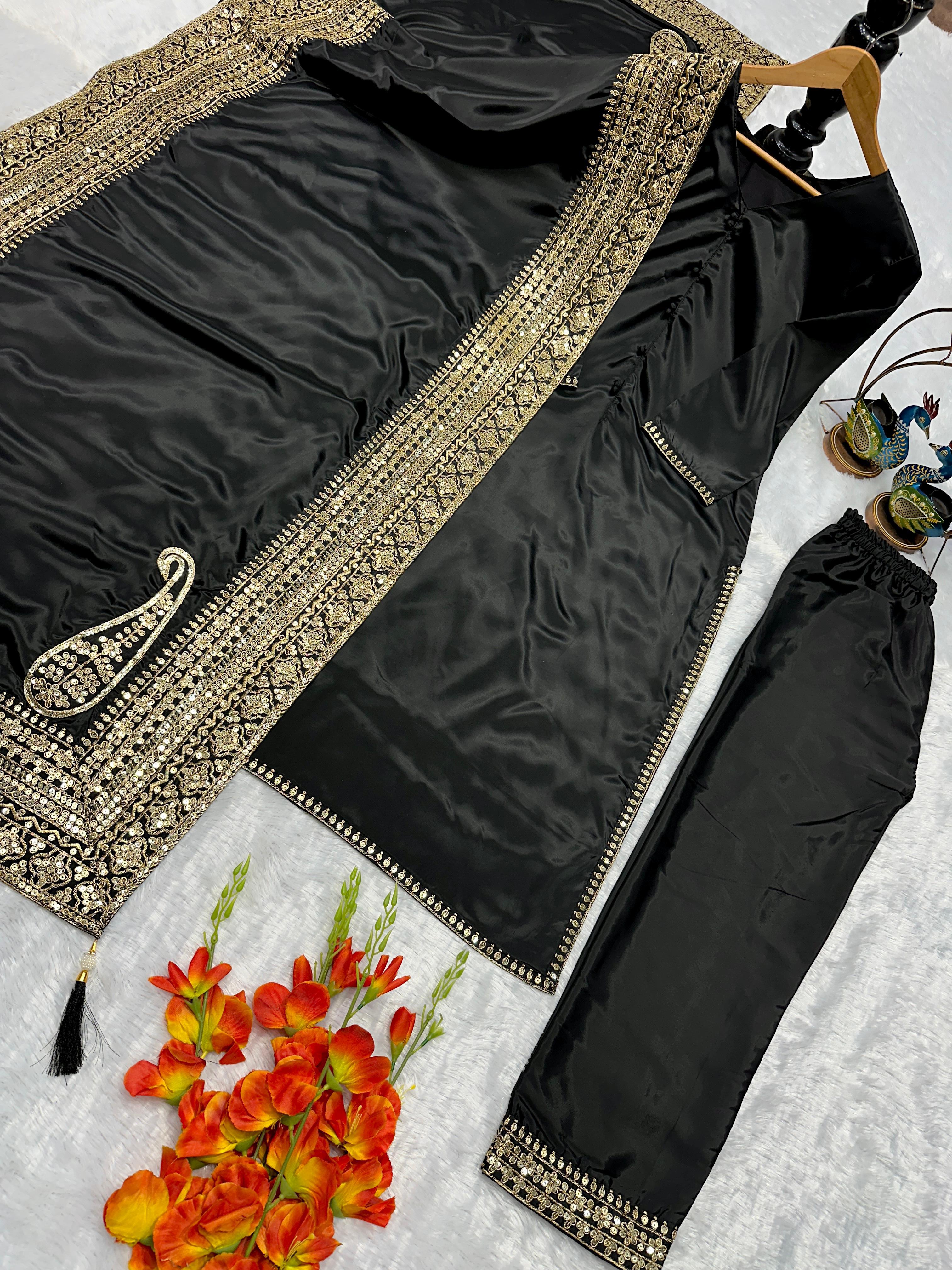 Designer Black Party Wear Natural Crepe Silk Embroidered Top Pant Set with Fancy Dupatta