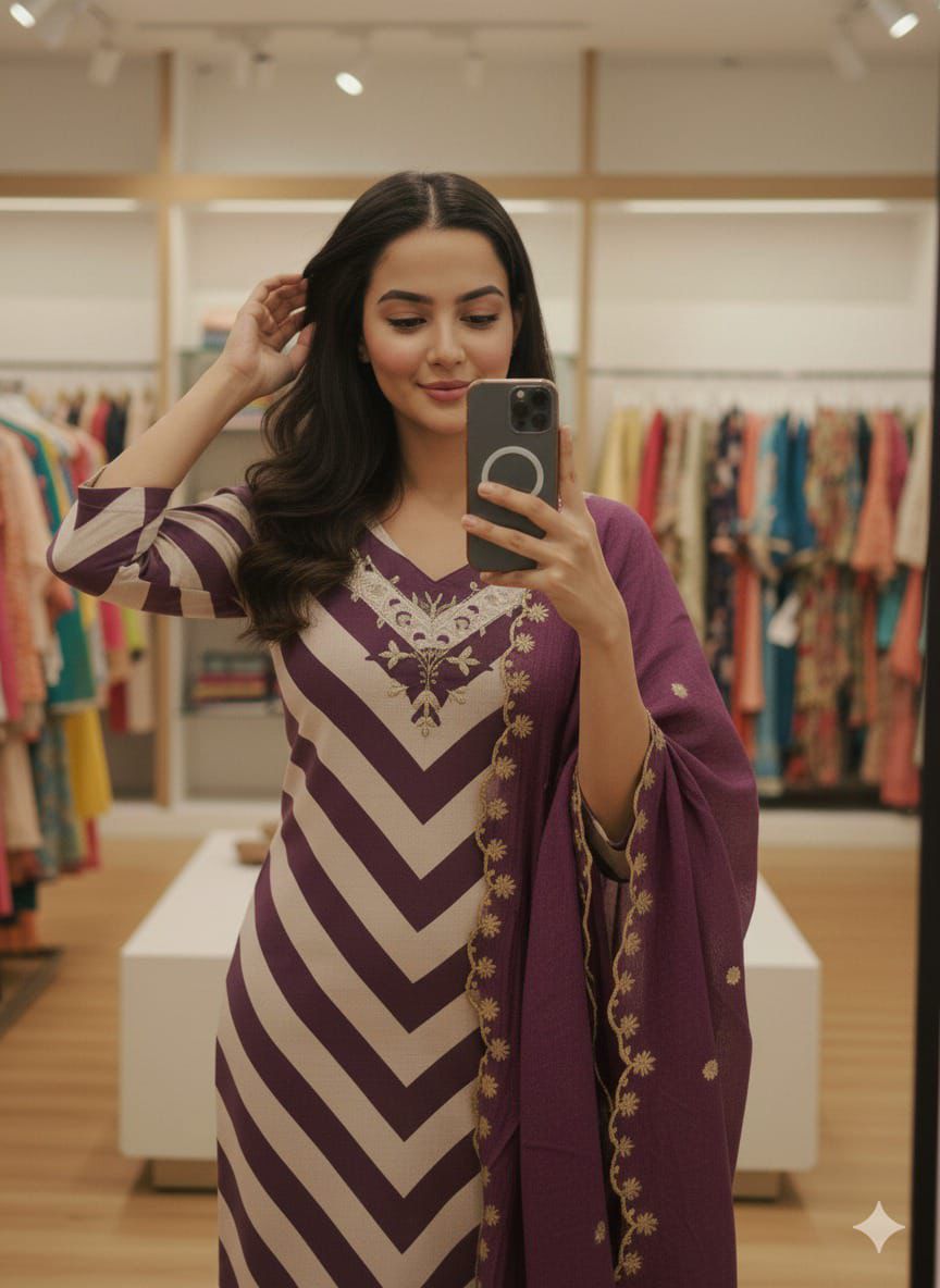 Wine Purple Pure Chanderi Handwork Kurta Pant Set with Embroidered Dupatta