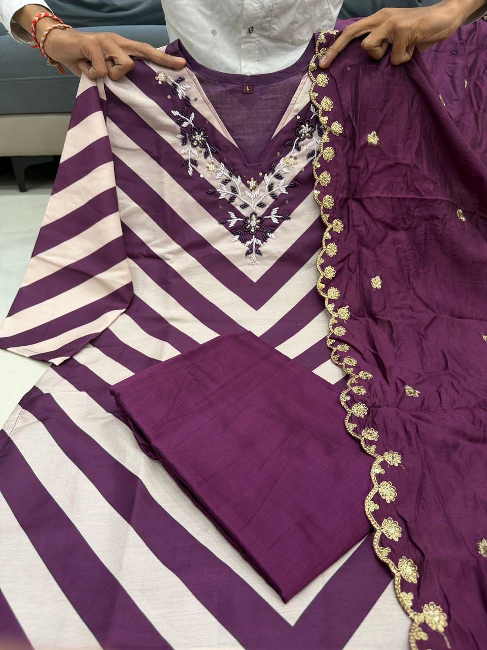 Wine Purple Pure Chanderi Handwork Kurta Pant Set with Embroidered Dupatta