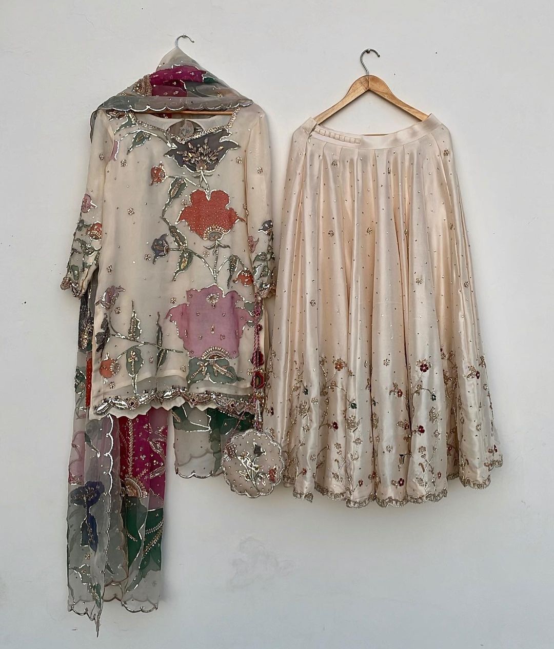 Heavy Chinon Sequins Embroidered Suit Set with Full Flair Gharara & Organza Dupatta (Ivory Multi-Color)