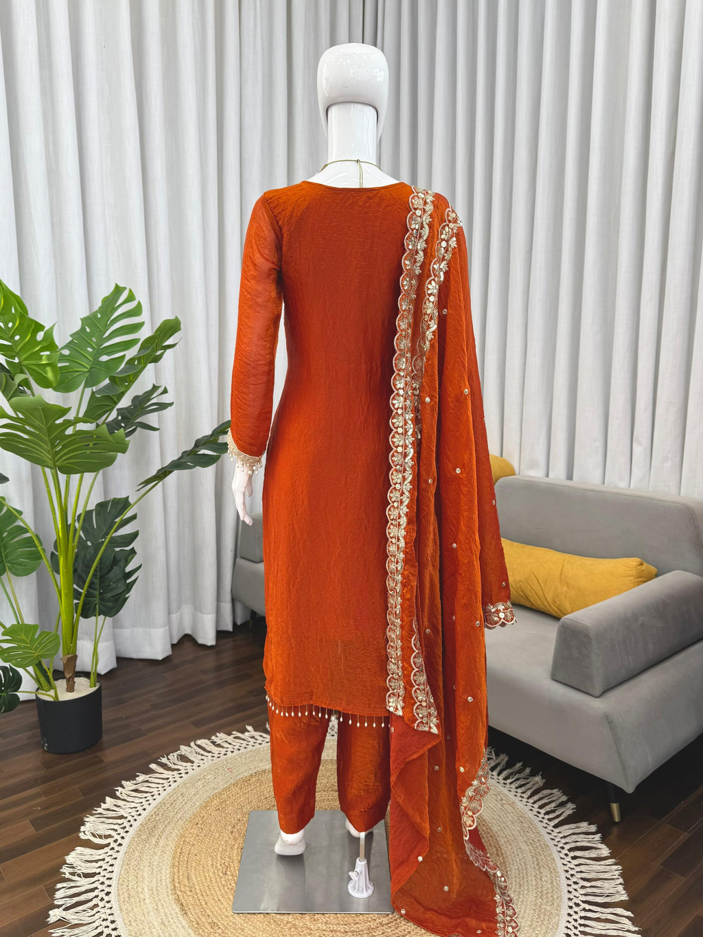 Rust Orange Fendy Silk Embroidered Kurta Pant Set with Designer Dupatta