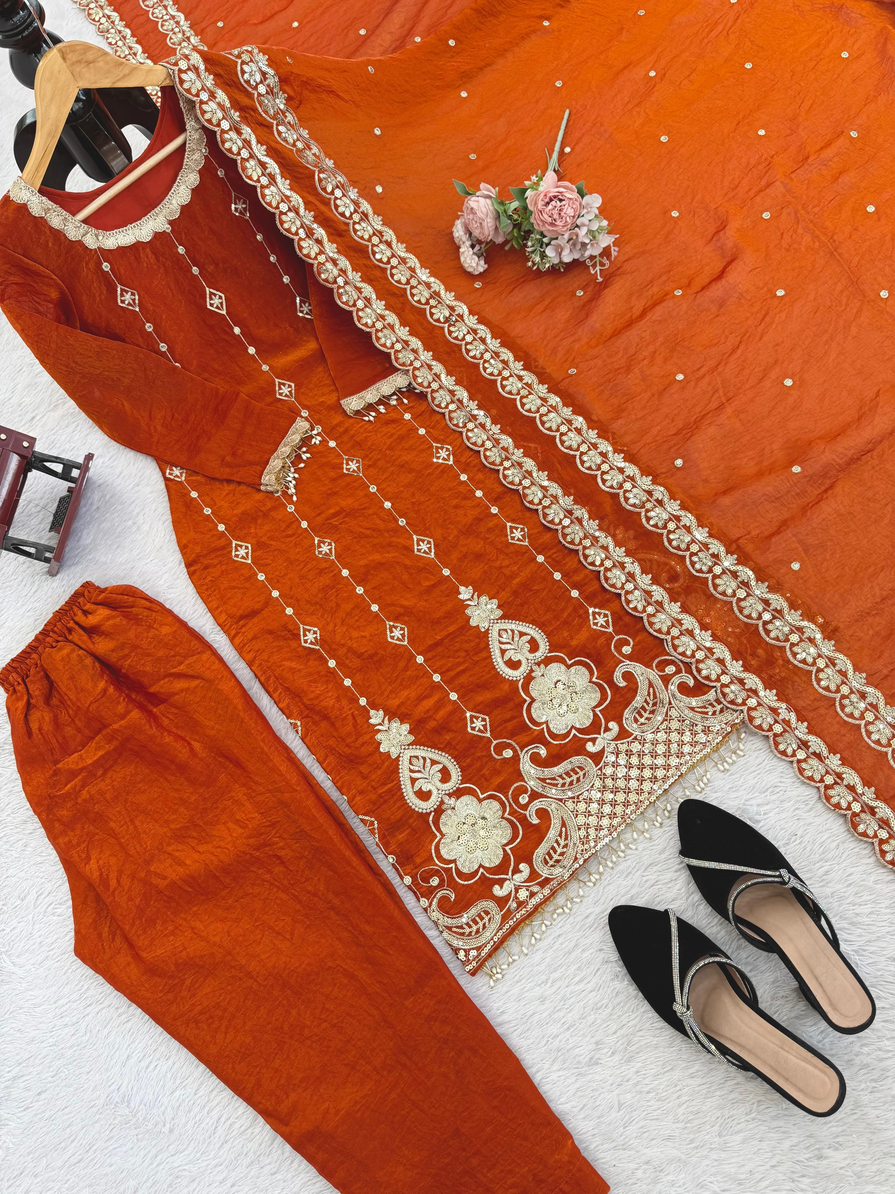 Rust Orange Fendy Silk Embroidered Kurta Pant Set with Designer Dupatta