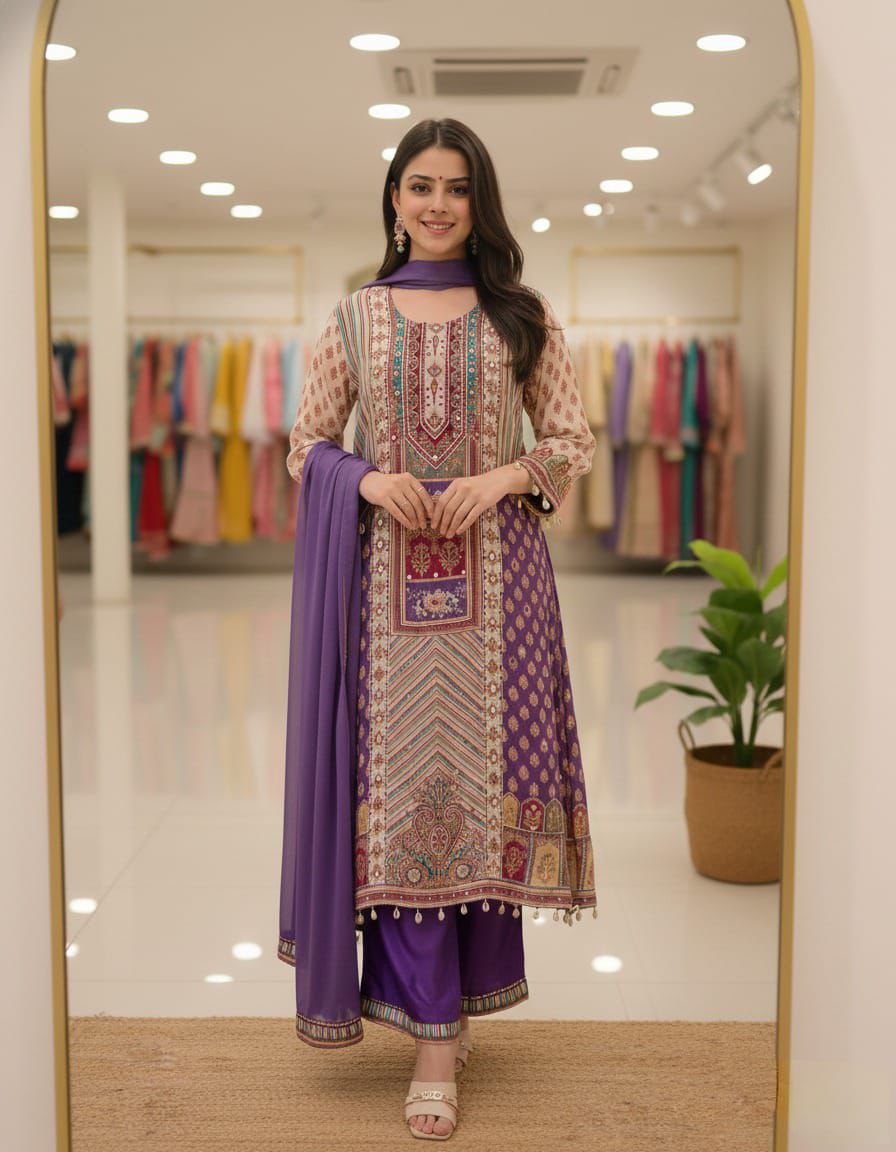 Royal Purple Printed Chinon Anarkali Kurti Plazzo Set with Dupatta