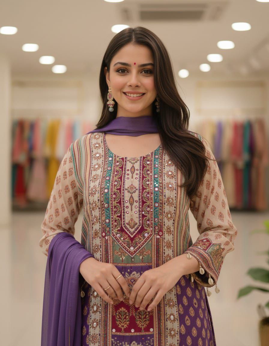 Royal Purple Printed Chinon Anarkali Kurti Plazzo Set with Dupatta