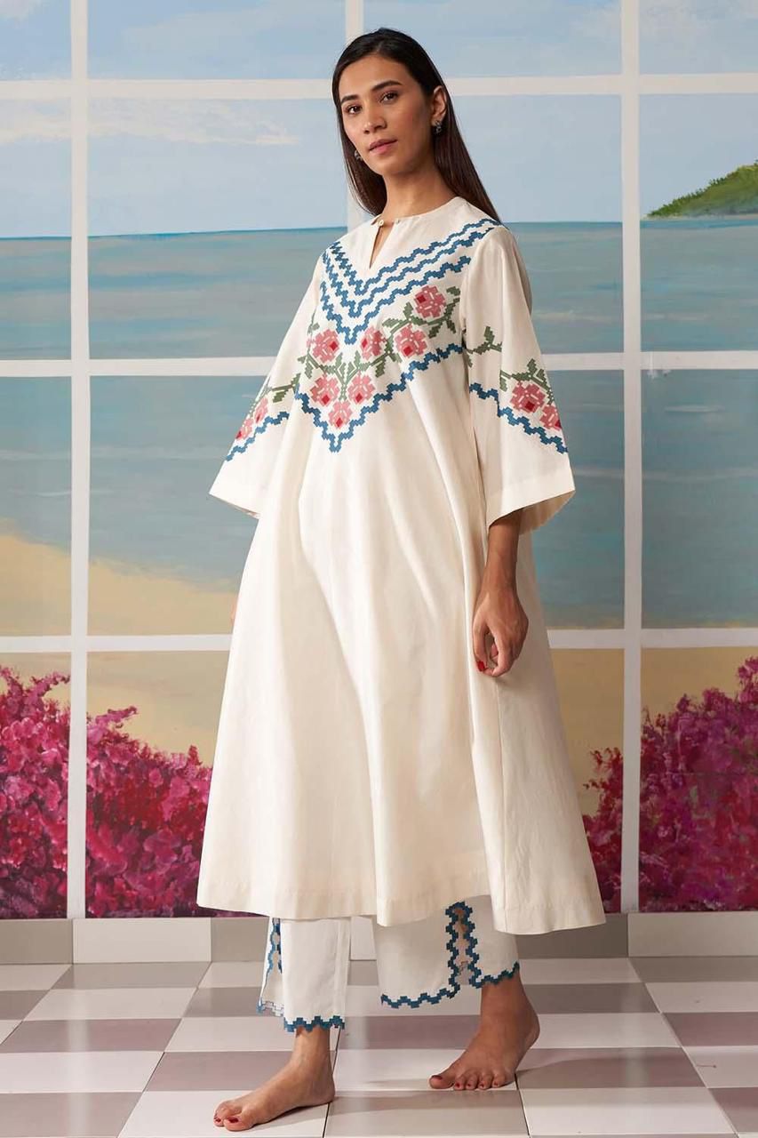 Ivory Pure Cotton Rayon Kurta Pant Set with Teal & Pink Embroidery | Women Ethnic Wear