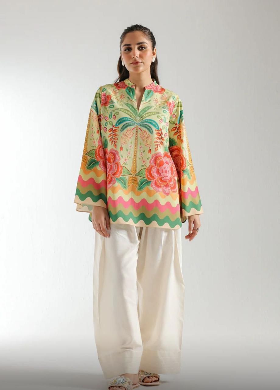 Pistachio Green Floral Cotton Top with Off-White Farshi Crepe Pants | Women Coord Set