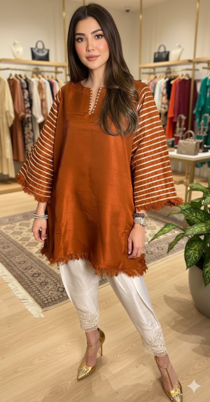 Rust Brown Raw Silk Coord Set with Lace Crepe Pants | Luxury Women Co-Ord Set