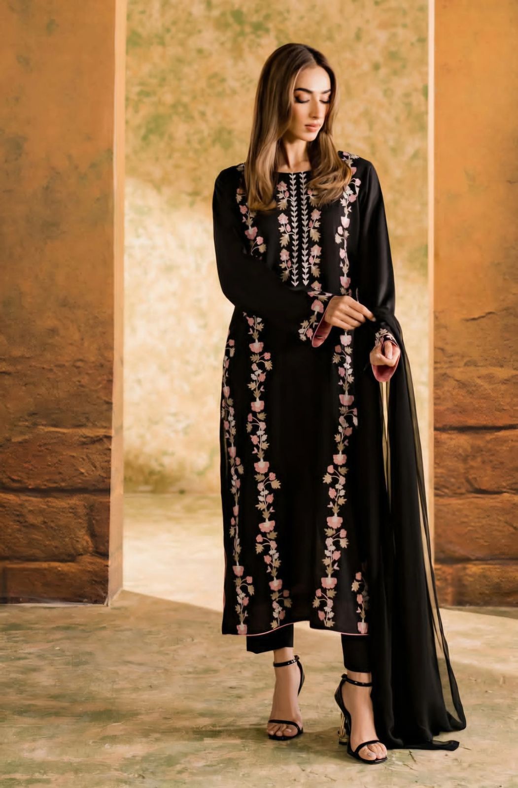 Black Printed 3-Piece Cotton Kurta Set with Chiffon Dupatta