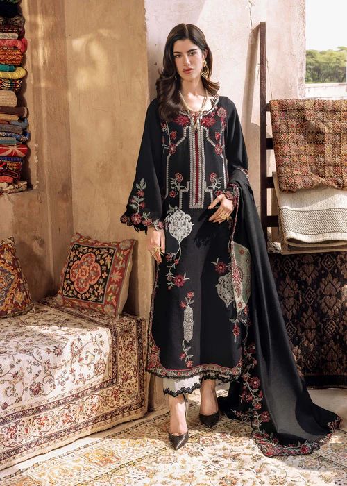Black Embroidered 3-Piece Cotton Kurta Set with Lace Work