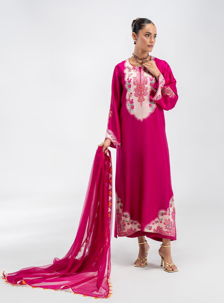 Fuchsia Pink Printed 3-Piece Cotton Co-Ord Set with Chiffon Dupatta