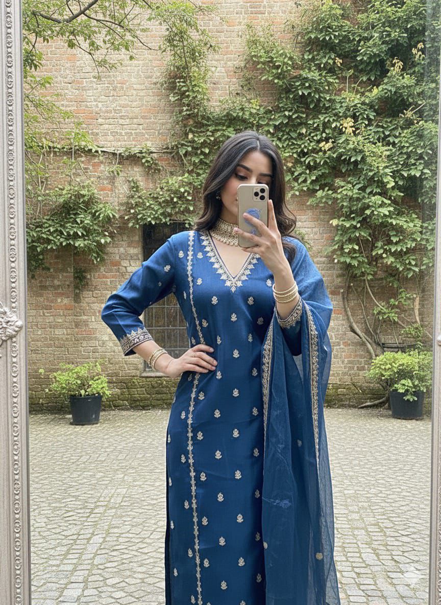 Royal Navy Blue Chanderi Silk Embroidered Kurti Pant Dupatta Set