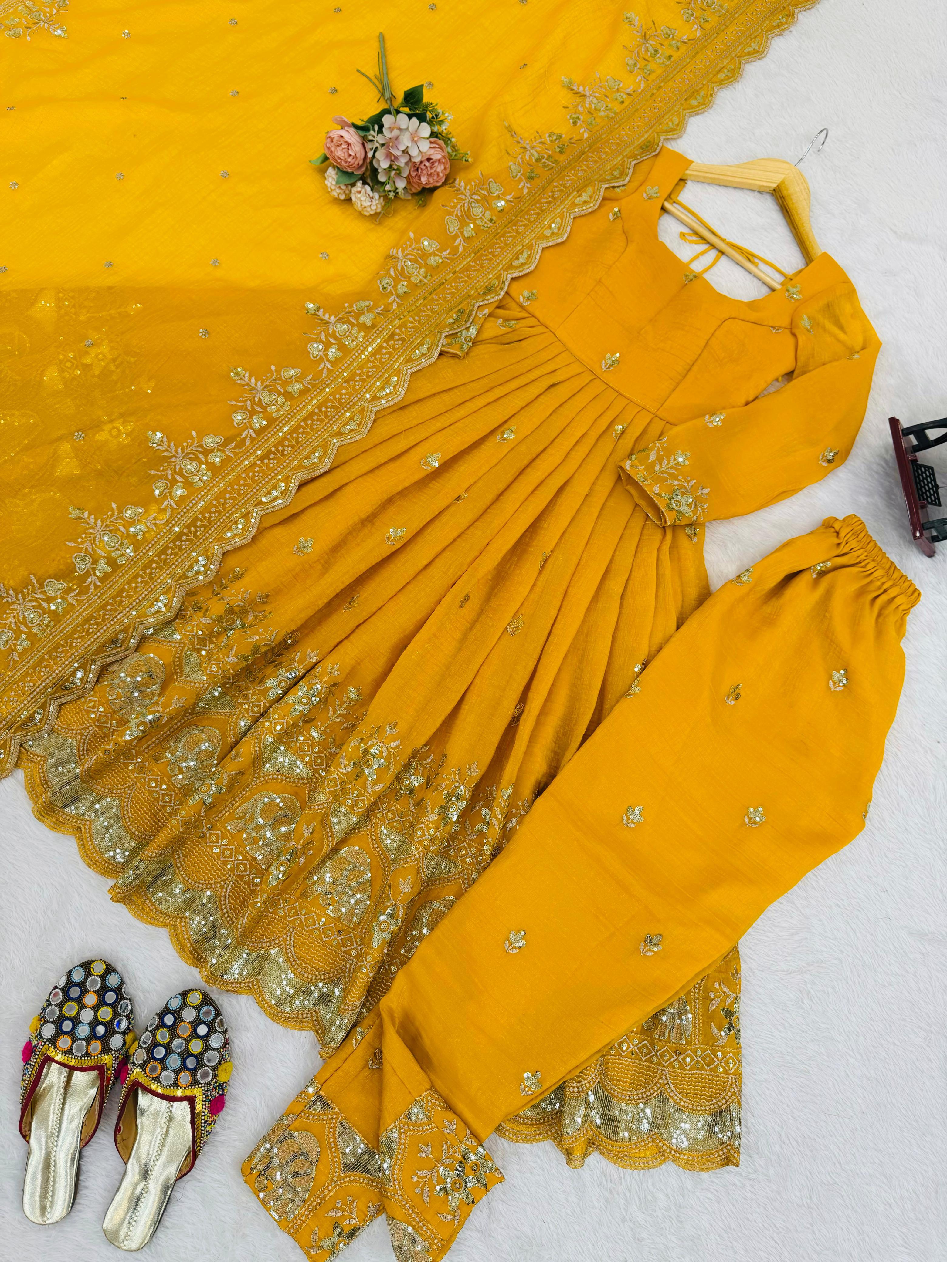 Mustard Yellow Heavy Crunchy Silk Embroidered Anarkali Suit Set with Pant & Dupatta