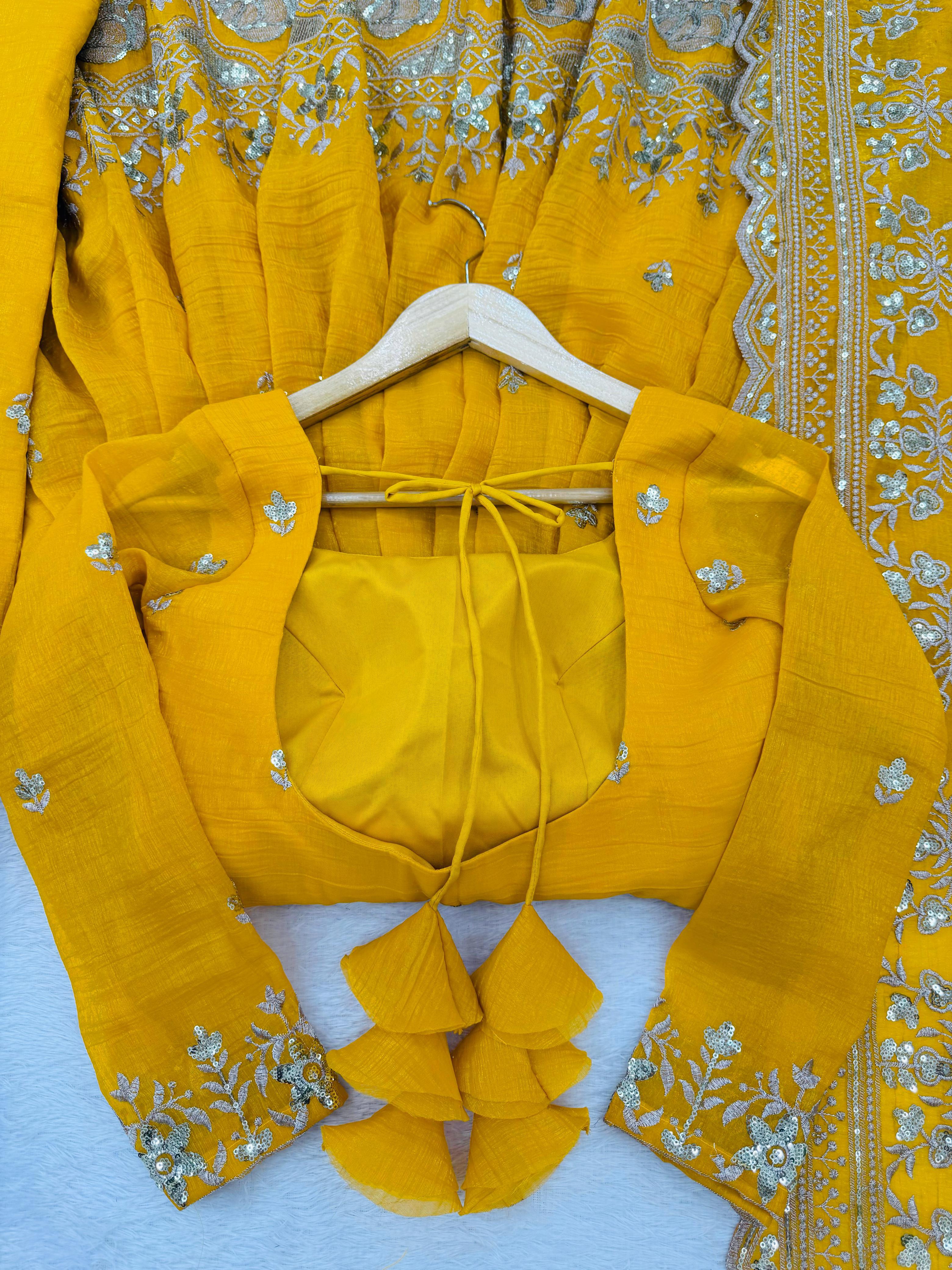 Mustard Yellow Heavy Crunchy Silk Embroidered Anarkali Suit Set with Pant & Dupatta