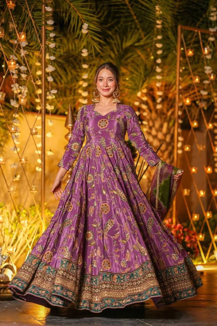 Purple Floral Printed Jimmy Organza Silk Anarkali Gown with Dupatta