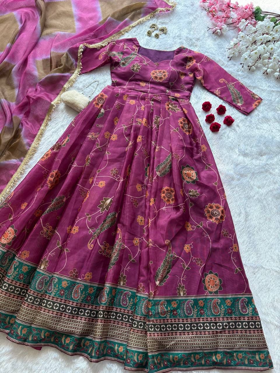Purple Floral Printed Jimmy Organza Silk Anarkali Gown with Dupatta