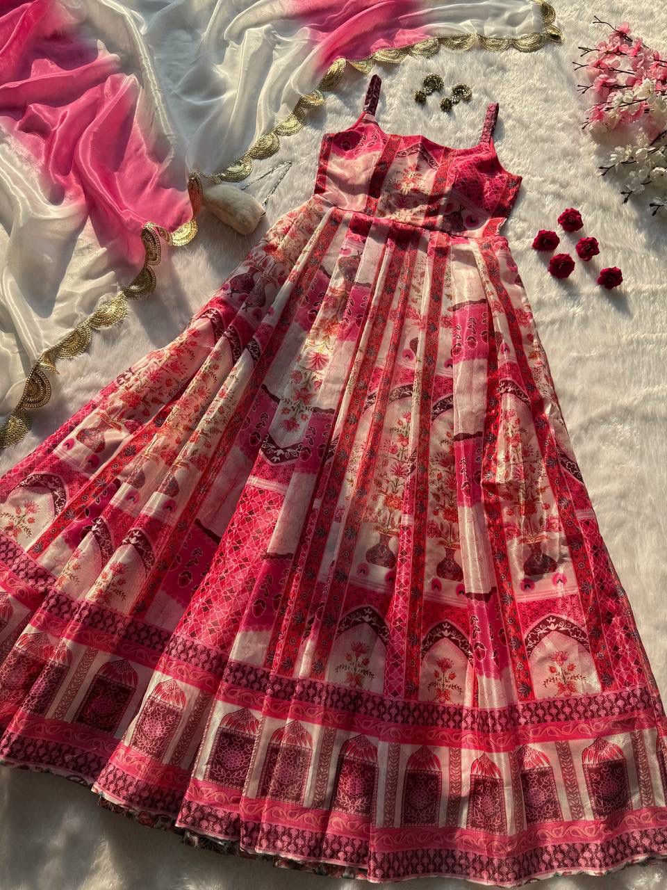 Pink & White Digital Printed Jimmy Organza Silk Anarkali Gown with Pleated Flair and Lace Dupatta