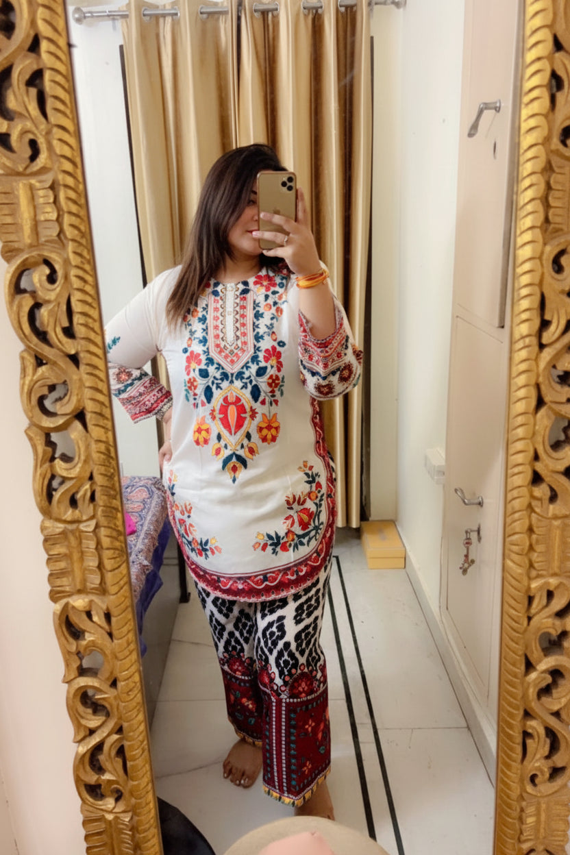 Rustic Boho Charm Soft Crepe 2 Piece Coord Set For Women | Exclusive Designer Top Pant Outfit | Plus Size Breathable Daily Wear Coords