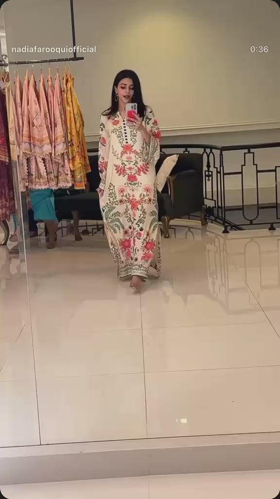 Nadia Farooqi Inspired Crepe Kaftan Gown For Women | Soft Crepe One Piece Designer Kaftan Dress | Plus Size Luxury Lounge Wear