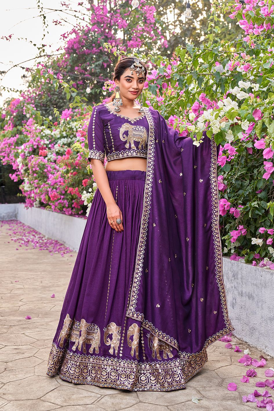 Designer Vichitra Wedding Lehenga Choli with Elephant Border Work