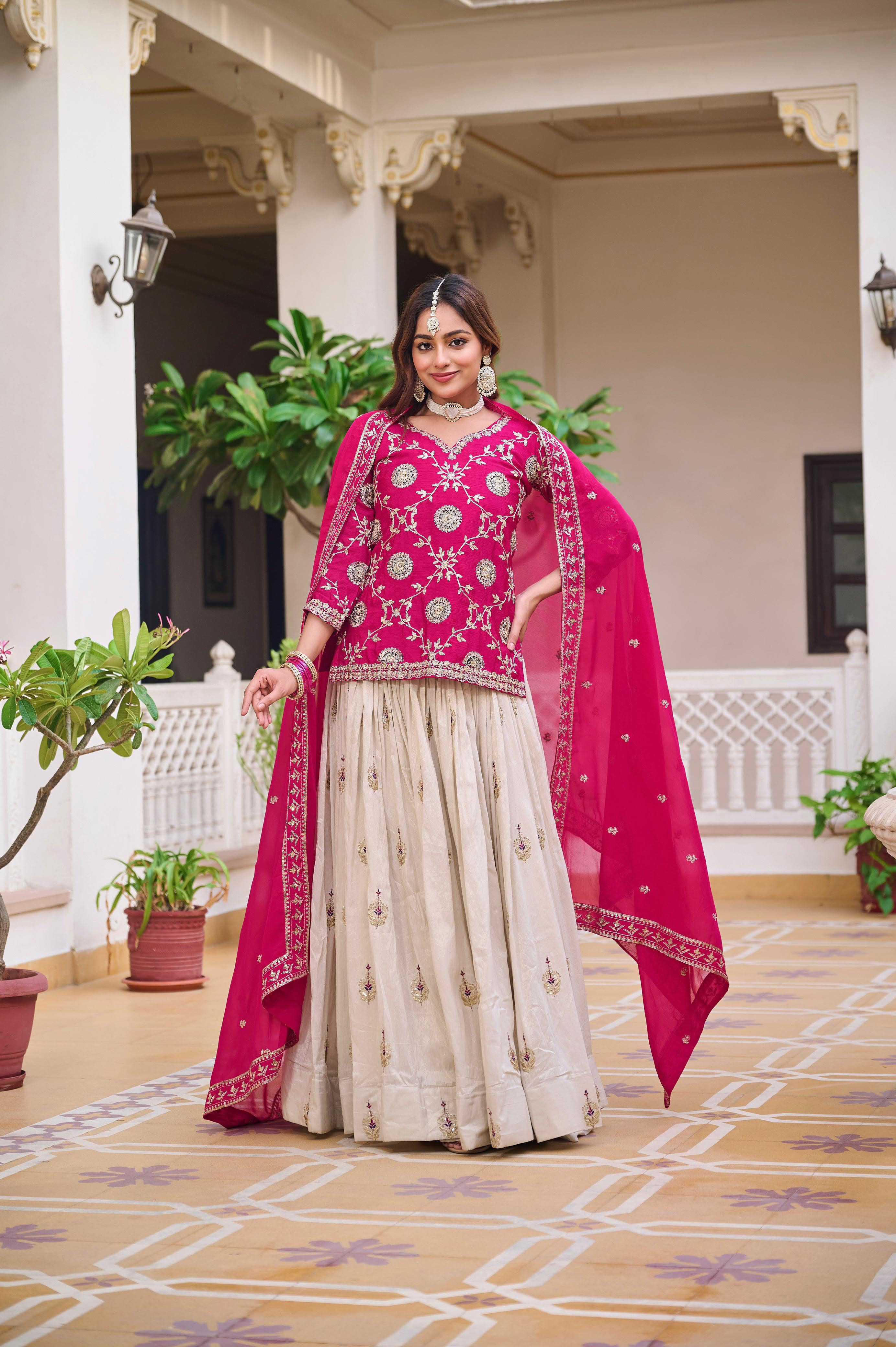 Heavy Embroidered Chinon Lehenga Choli with Tissue Silk Lehenga