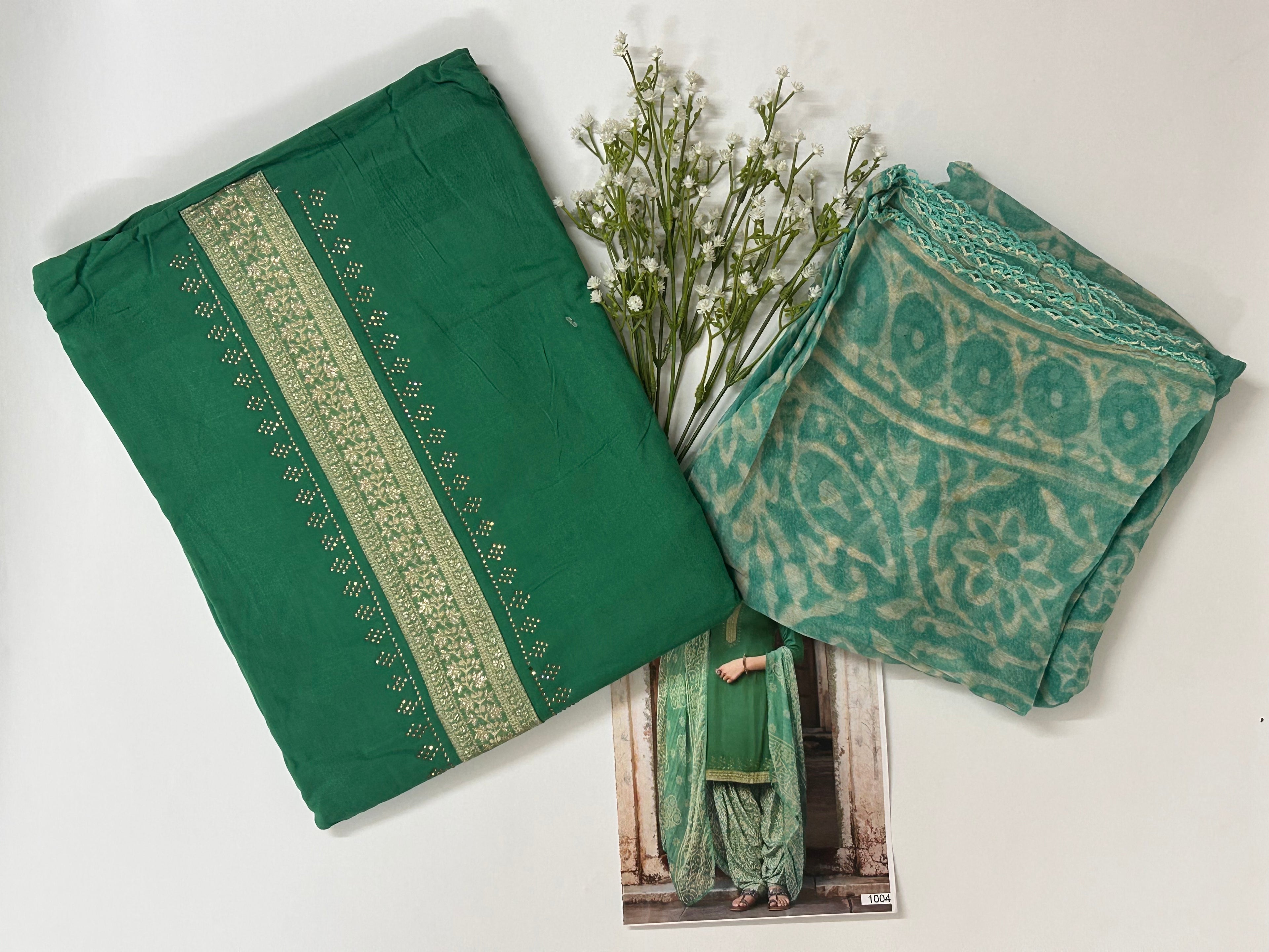 Green Rayon Printed Unstitched Suit Set For Women